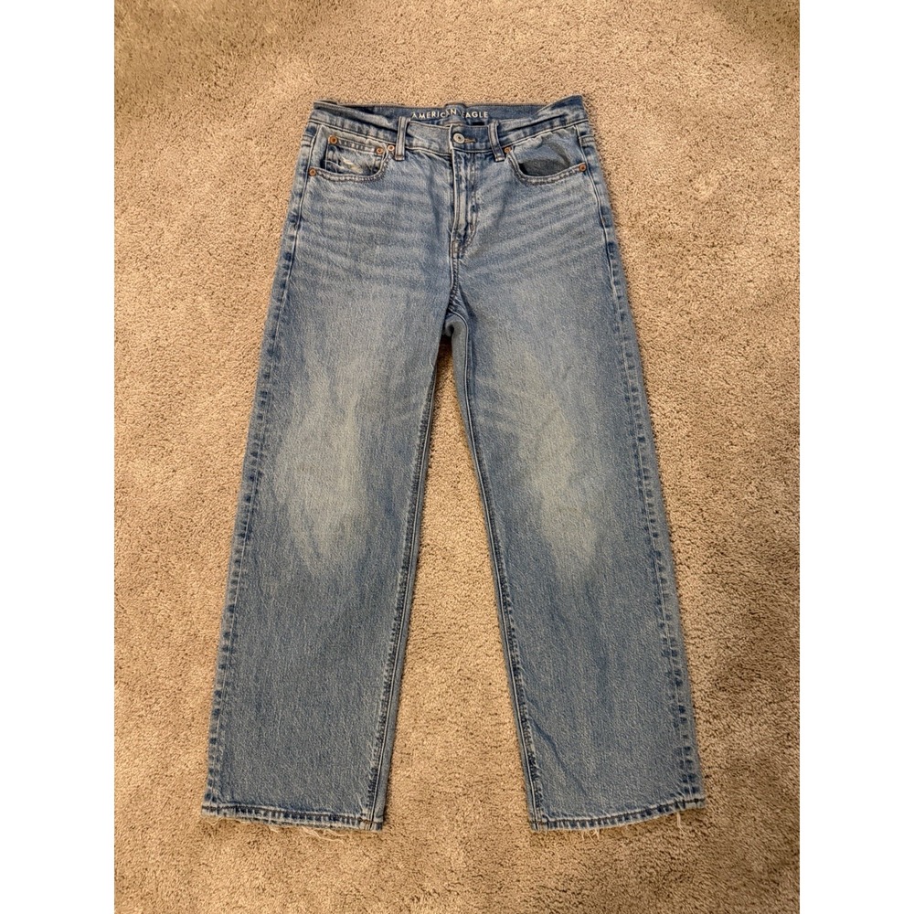American Eagle Stovepipe Jeans Womens 2 Short Blue Y2K Distressed Midwash
